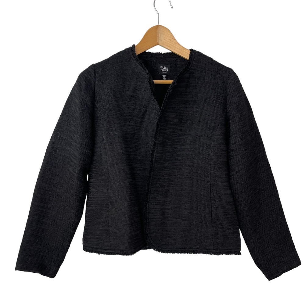 Eileen Fisher Blazer Open Front Tweed Shimmer Tailored Black Women’s Size Petite